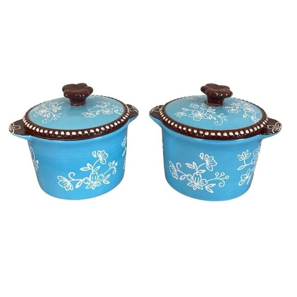 Set of 2 Temp-tations by Tara blue Floral Lace ramekins with lids 8oz Round - Picture 1 of 9